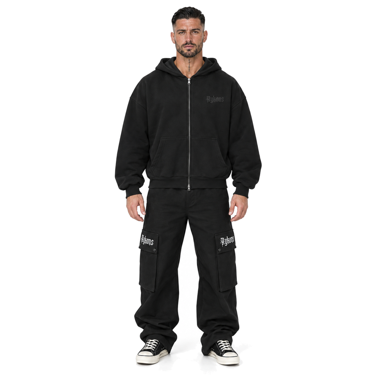 [400] Signature ZIP — model straight front, black Signature cargos and black and white Rick Owens Converse, pure white background.