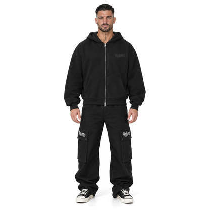 [400] Signature ZIP — model straight front, black Signature cargos and black and white Rick Owens Converse, pure white background.