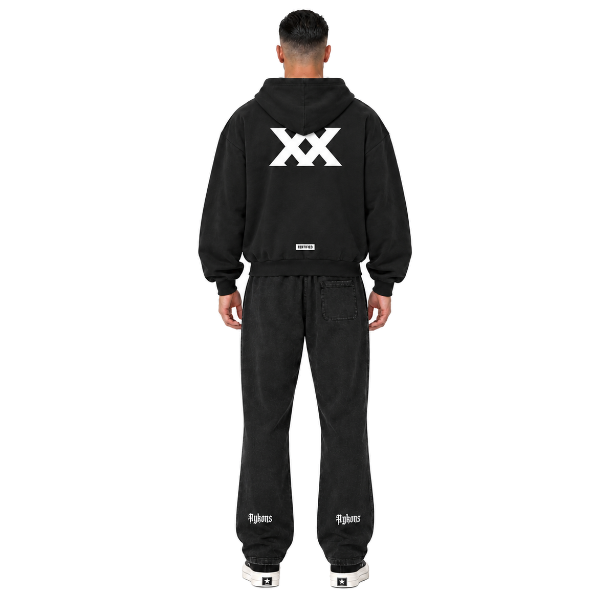 0-YHN-AYKONS 420 Certified Sweats in Faded Black — model straight back, with matching XX Zip hoodie and black and white Rick Owens Converse.