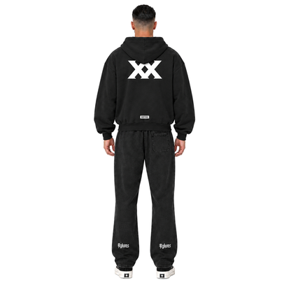 0-YHN-AYKONS 420 Certified Sweats in Faded Black — model straight back, with matching XX Zip hoodie and black and white Rick Owens Converse.