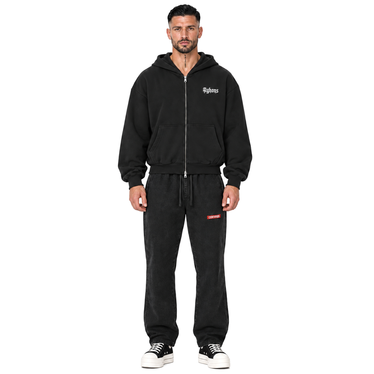0-YHN-AYKONS 420 Certified Sweats in Faded Black — model straight front, with matching XX Zip hoodie and black and white Rick Owens Converse.