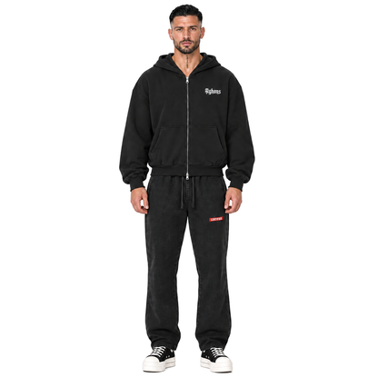 0-YHN-AYKONS 420 Certified Sweats in Faded Black — model straight front, with matching XX Zip hoodie and black and white Rick Owens Converse.