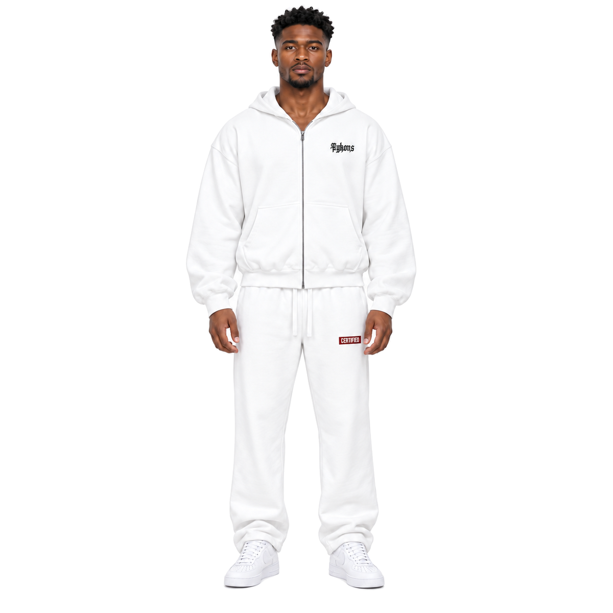 0-YHM-AYKONS 420 Certified Sweats in White — model straight front, with matching XX Zip hoodie and white Air Force 1 low-tops.