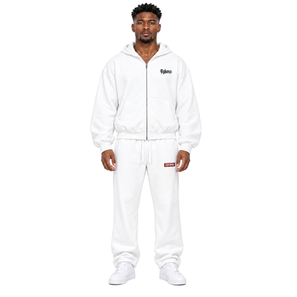 0-YHM-AYKONS 420 Certified Sweats in White — model straight front, with matching XX Zip hoodie and white Air Force 1 low-tops.