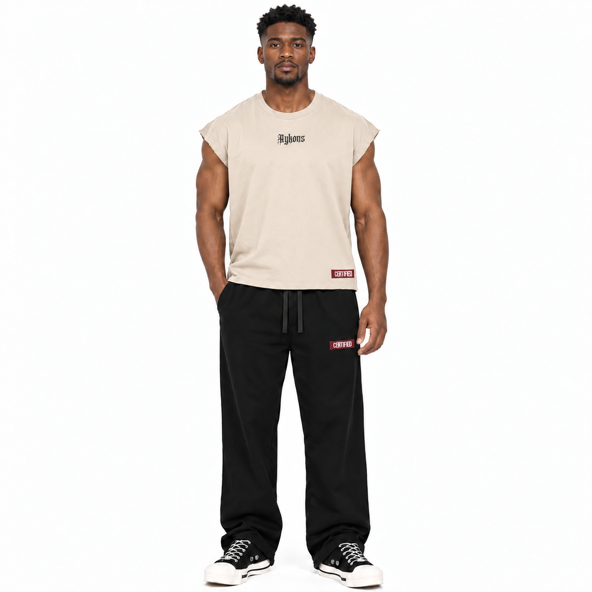 0-YII-AYKONS [380] Angel Cutoff in Light Beige | Model straight front | Full body | Shot 4