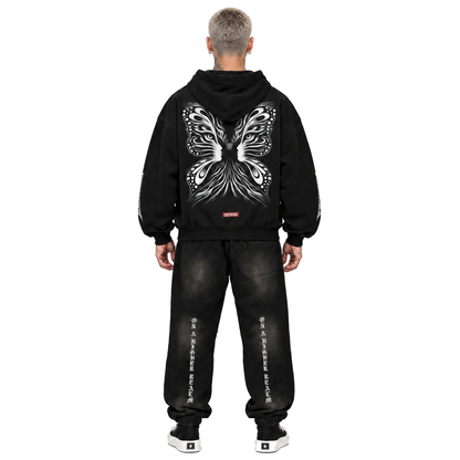 Experience Zip hoodie in black – model straight back, wearing Smoky Black OAHR sweats and black and white Rick Owens Converse high tops on a white background.