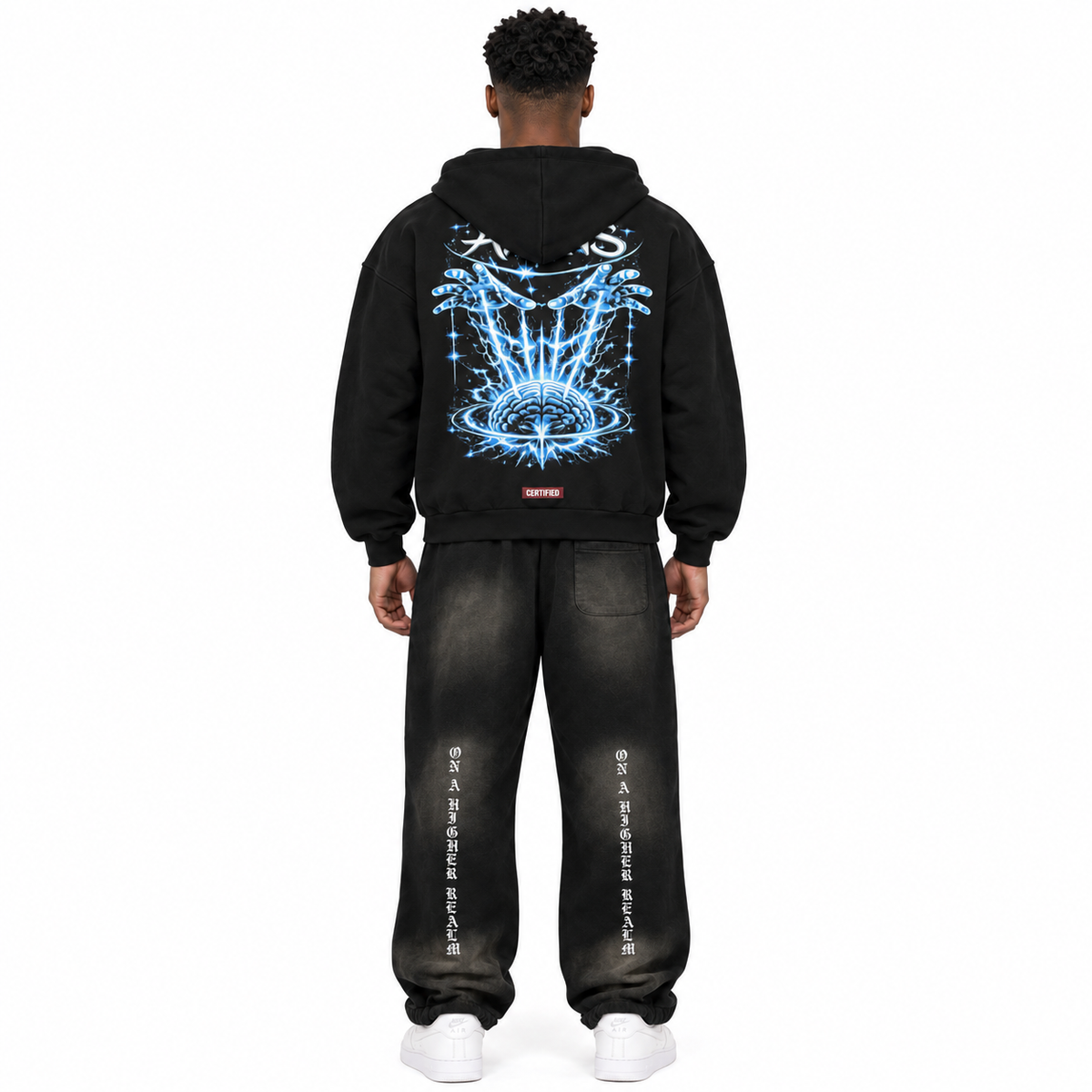 0-YIX-AYKONS [400] GODS PLAY ZIP in Black | Model straight back | Full body | Shot 1