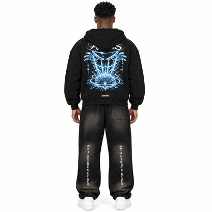 0-YIX-AYKONS [400] GODS PLAY ZIP in Black | Model straight back | Full body | Shot 1