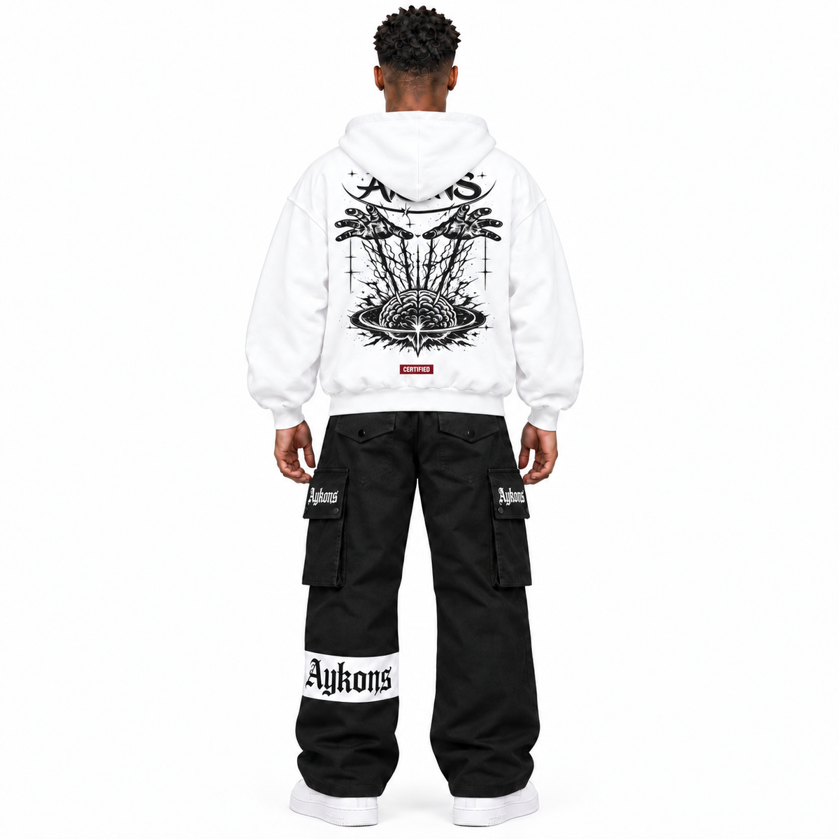 0-YIW-AYKONS [400] GODS PLAY ZIP in White | Model straight back | Full body | Shot 3