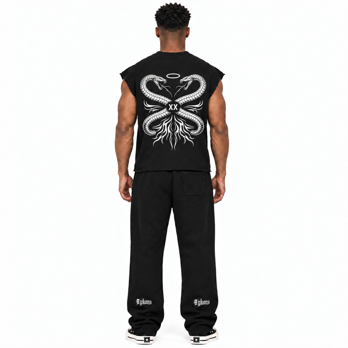 0-YIJ-AYKONS [380] SPLIT STATE in Black | Model straight back | Full body | Shot 1