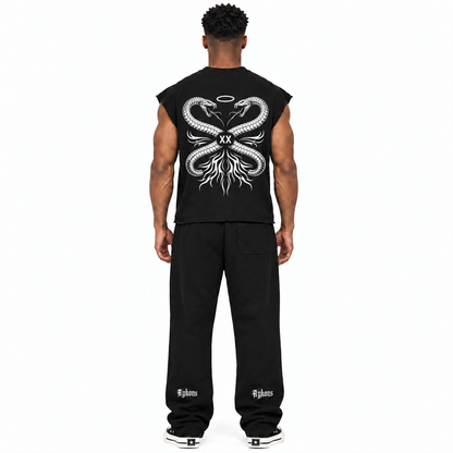 0-YIJ-AYKONS [380] SPLIT STATE in Black | Model straight back | Full body | Shot 1