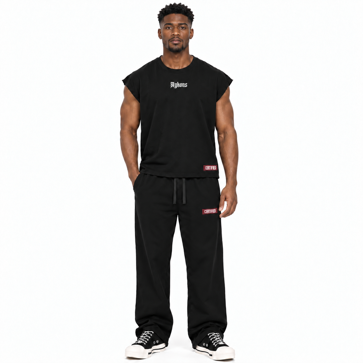 0-YIJ-AYKONS [380] SPLIT STATE in Black | Model straight front | Full body | Shot 2