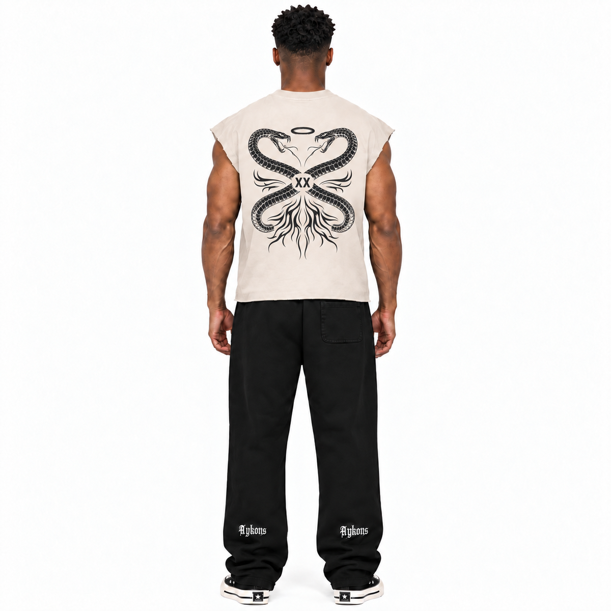 0-YII-AYKONS [380] SPLIT STATE in Light Beige | Model straight back | Full body | Shot 3