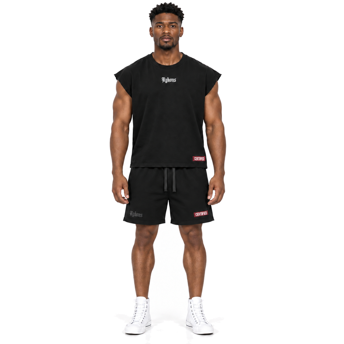 Black Anointed Cutoff — model straight front, wearing black and maroon Certified shorts and white leather Converse high-tops on a pure white background.