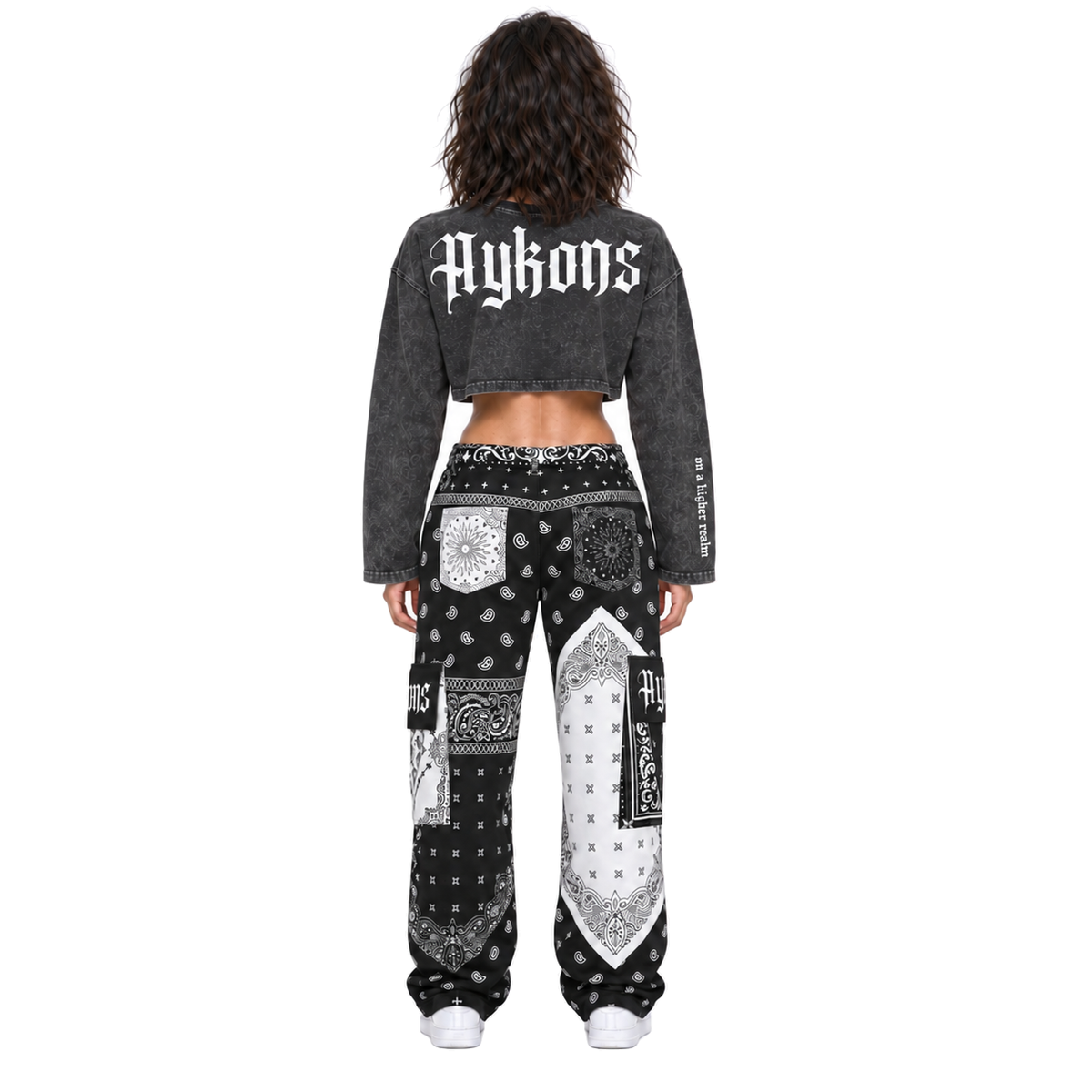 AYKONS Racer Crop and matching cargos — female model back view on pure white