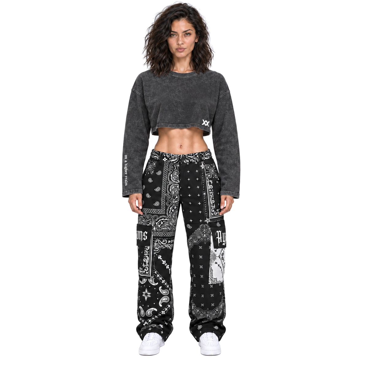 AYKONS Racer Crop and matching cargos — female model front view on pure white