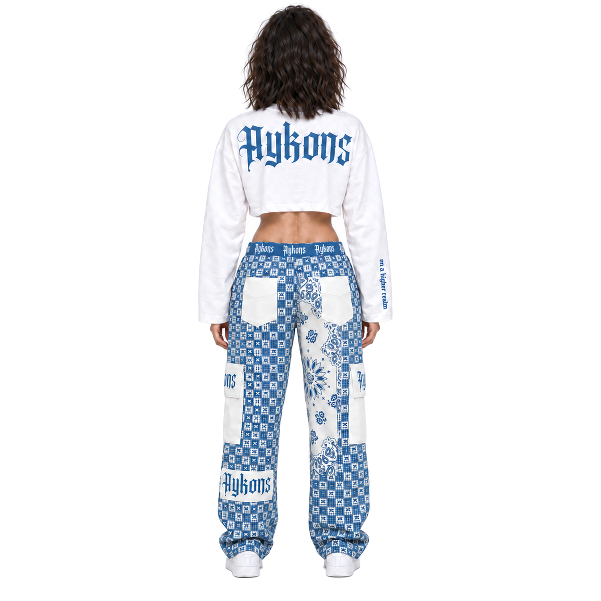 AYKONS Racer Crop and matching cargos — female model back view on pure white