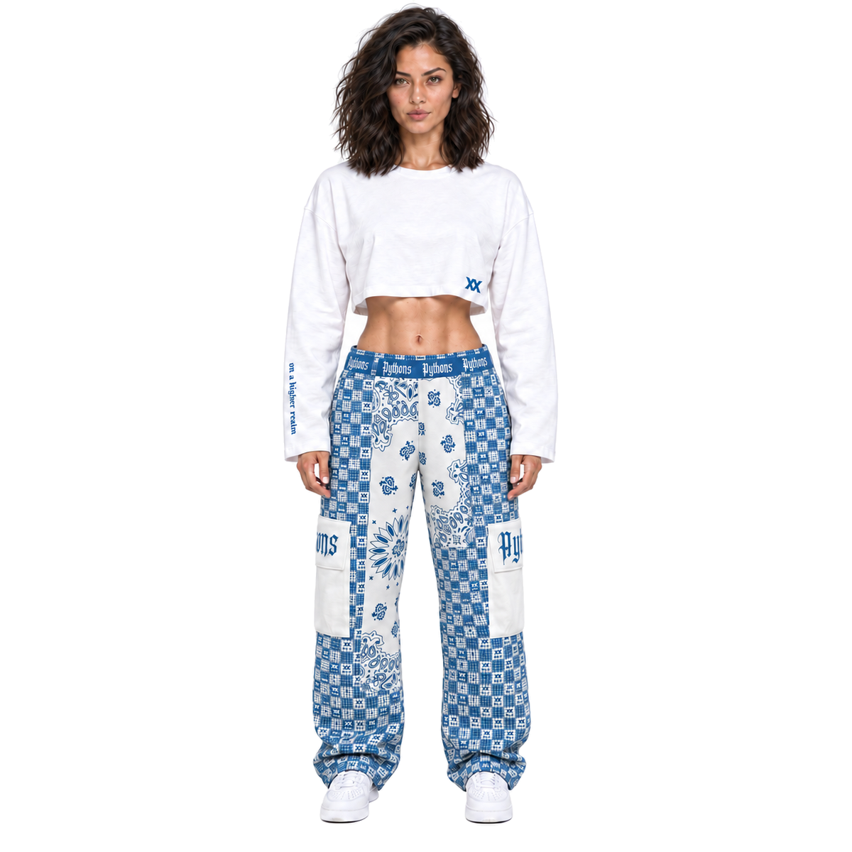 AYKONS Racer Crop and matching cargos — female model front view on pure white