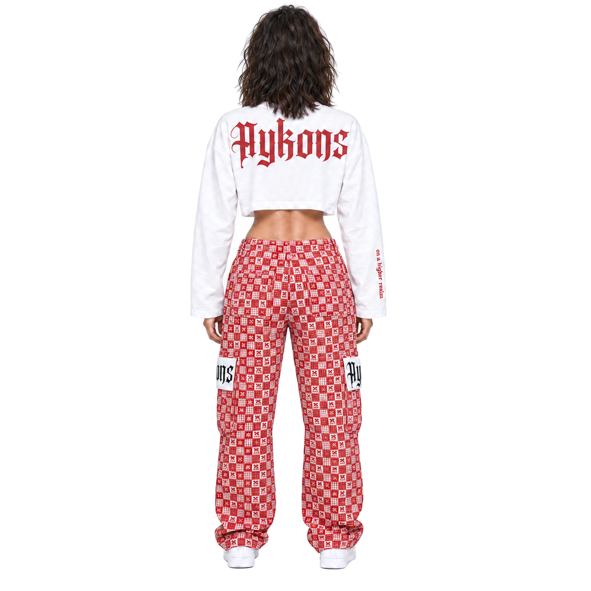 AYKONS Racer Crop and matching cargos — female model back view on pure white