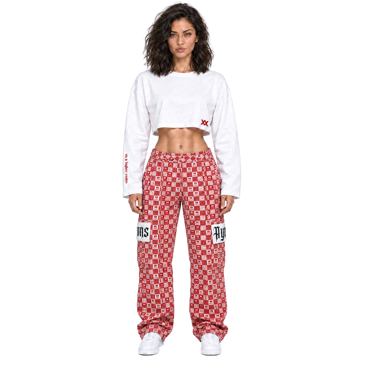 AYKONS Racer Crop and matching cargos — female model front view on pure white