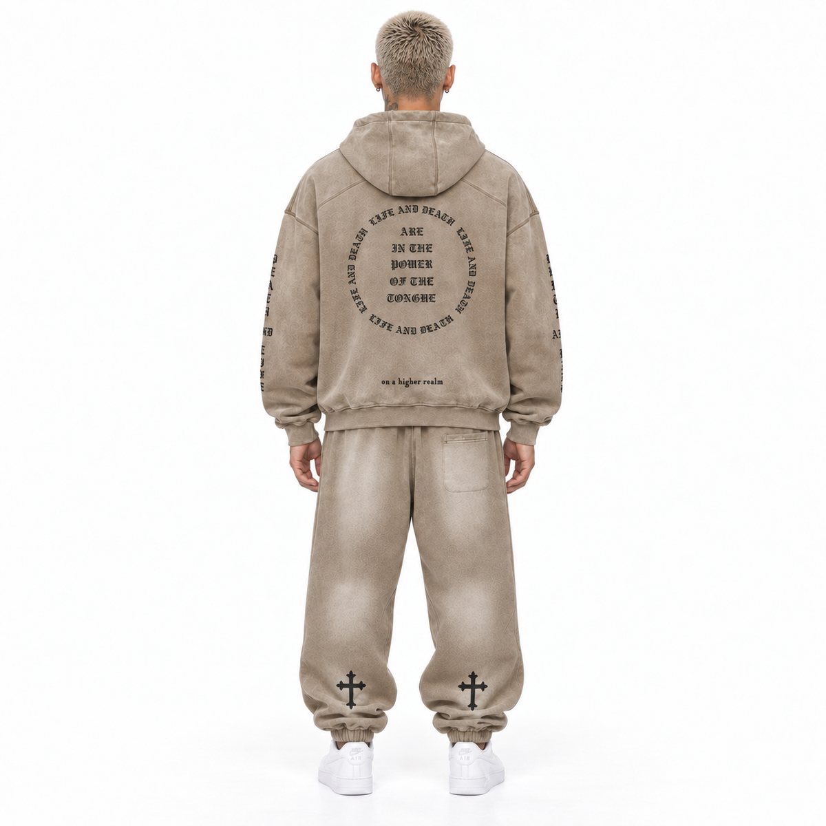 Sacred Speech khaki hoodie — back on Asian model with Sacred Sweats and white Air Forces