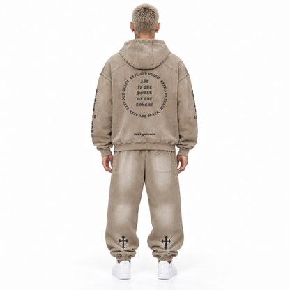 Sacred Speech khaki hoodie — back on Asian model with Sacred Sweats and white Air Forces