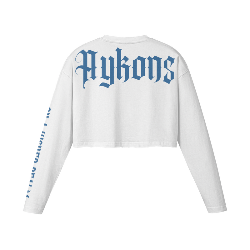 [260] Raw Hem - Women's Long Sleeve Crop Top (White/Blue)
