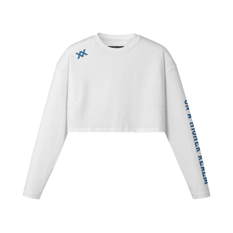 [260] Raw Hem - Women's Long Sleeve Crop Top (White/Blue)