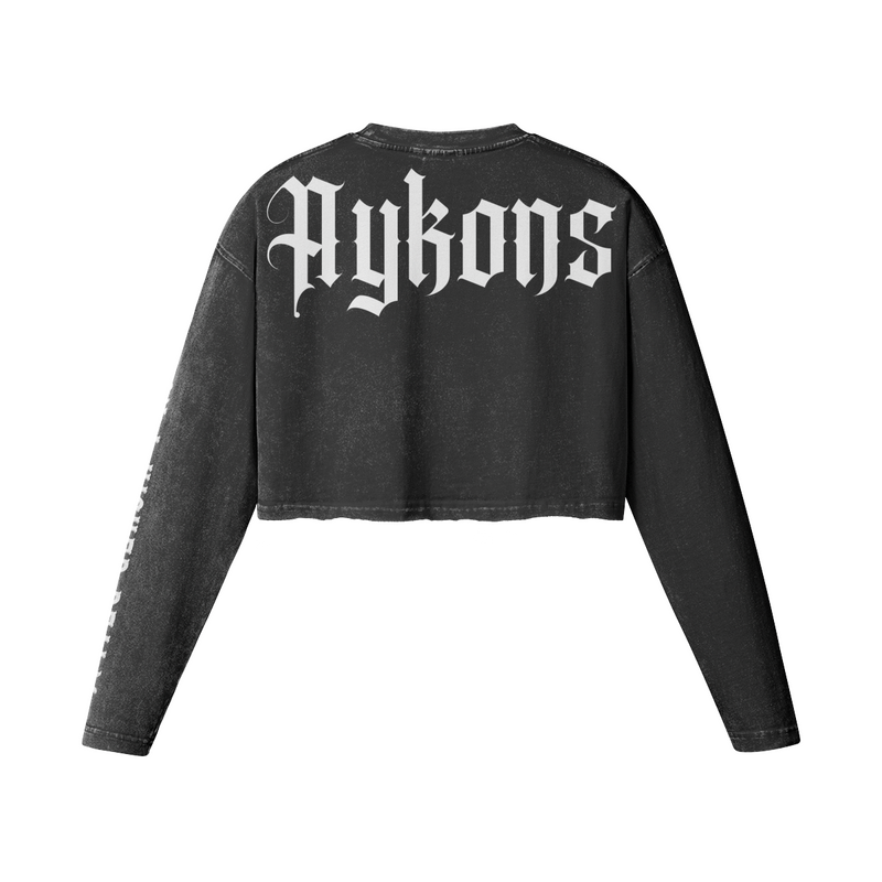 [260] Raw Hem - Women's Long Sleeve Crop Top (Faded Black/White)