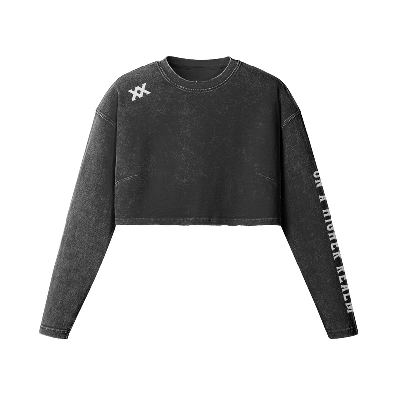 [260] Raw Hem - Women's Long Sleeve Crop Top (Faded Black/White)