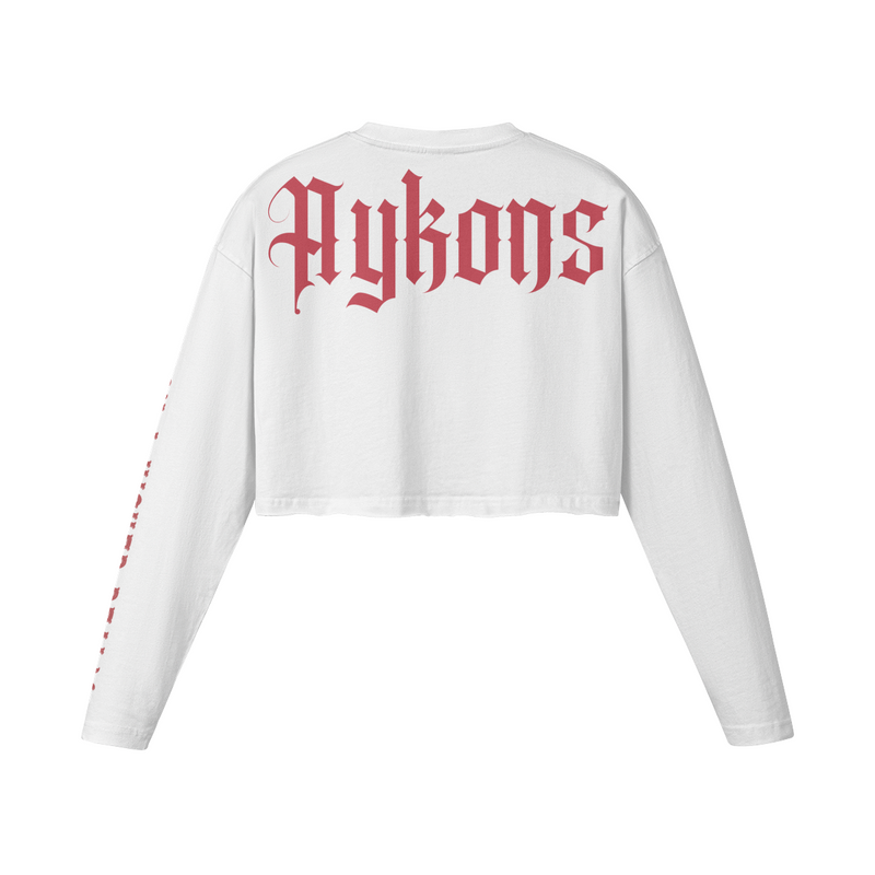 [260] Raw Hem - Women's Long Sleeve Crop Top (White/Red)