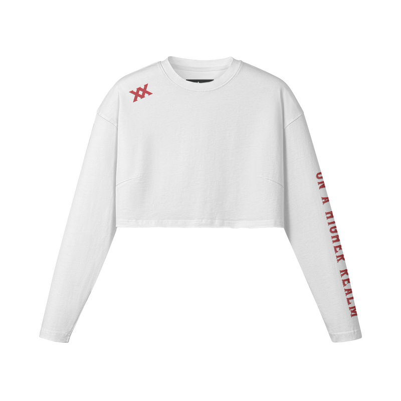 [260] Raw Hem - Women's Long Sleeve Crop Top (White/Red)