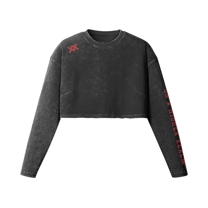 [260] Raw Hem - Women's Long Sleeve Crop Top (Faded Black/Red)