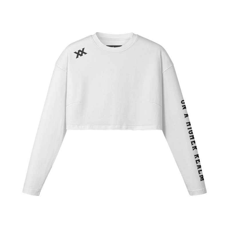 [260] Raw Hem - Women's Long Sleeve Crop Top (White/Black)