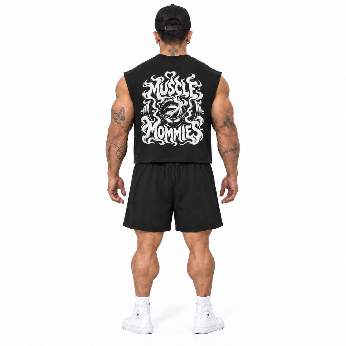 Muscle Mommies cutoff corrected fit with shorts back model view