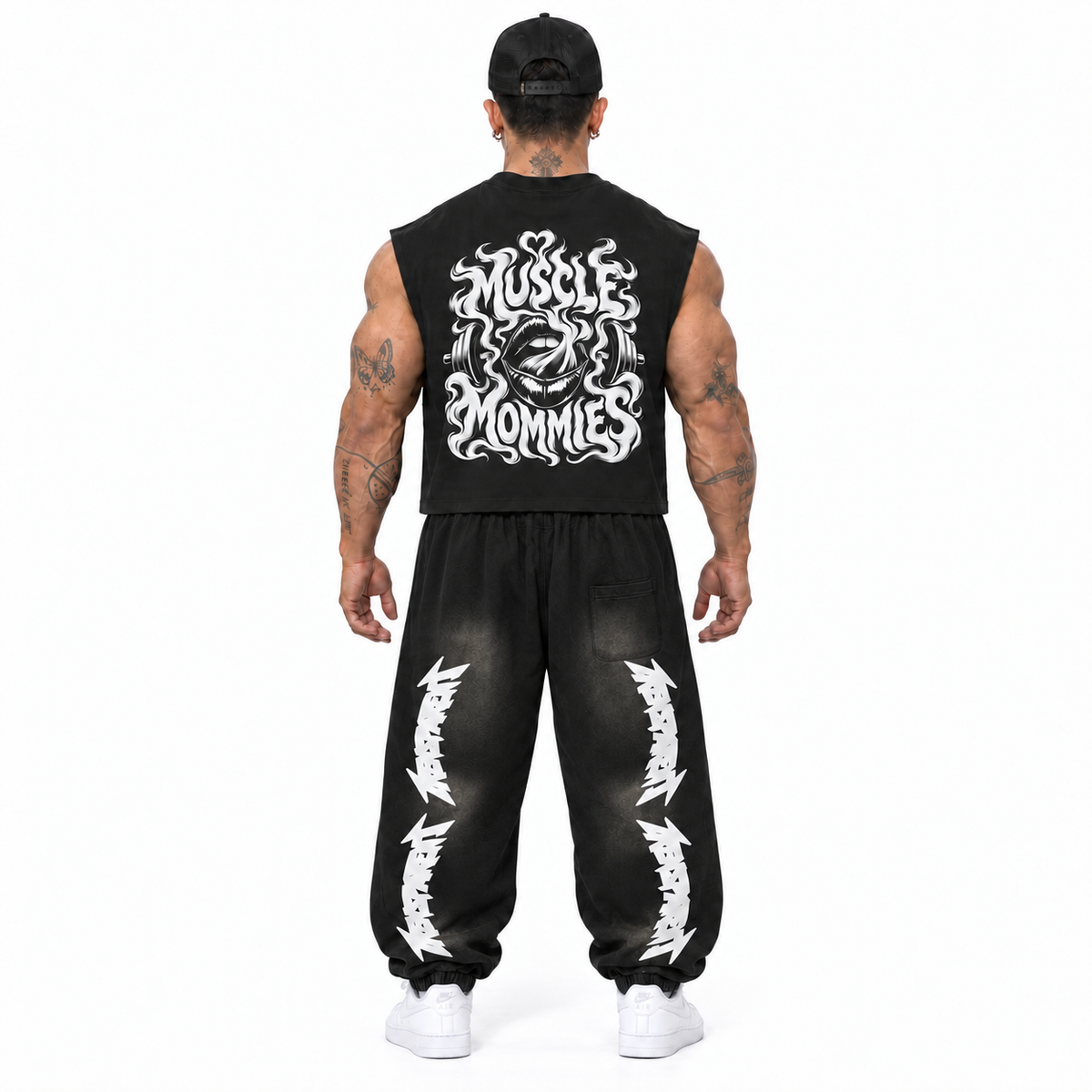 Muscle Mommies cutoff corrected fit with sweats back model view