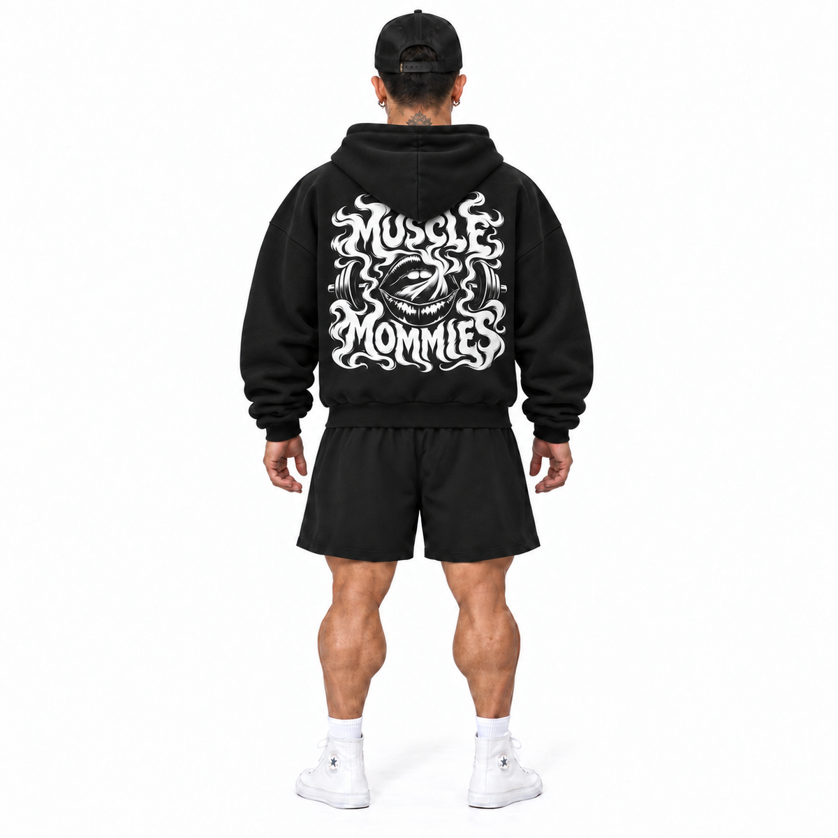 Trensparent shorts with Muscle Mommies zip hoodie back model view