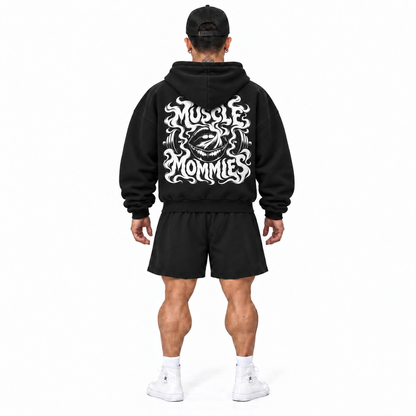 Trensparent shorts with Muscle Mommies zip hoodie back model view