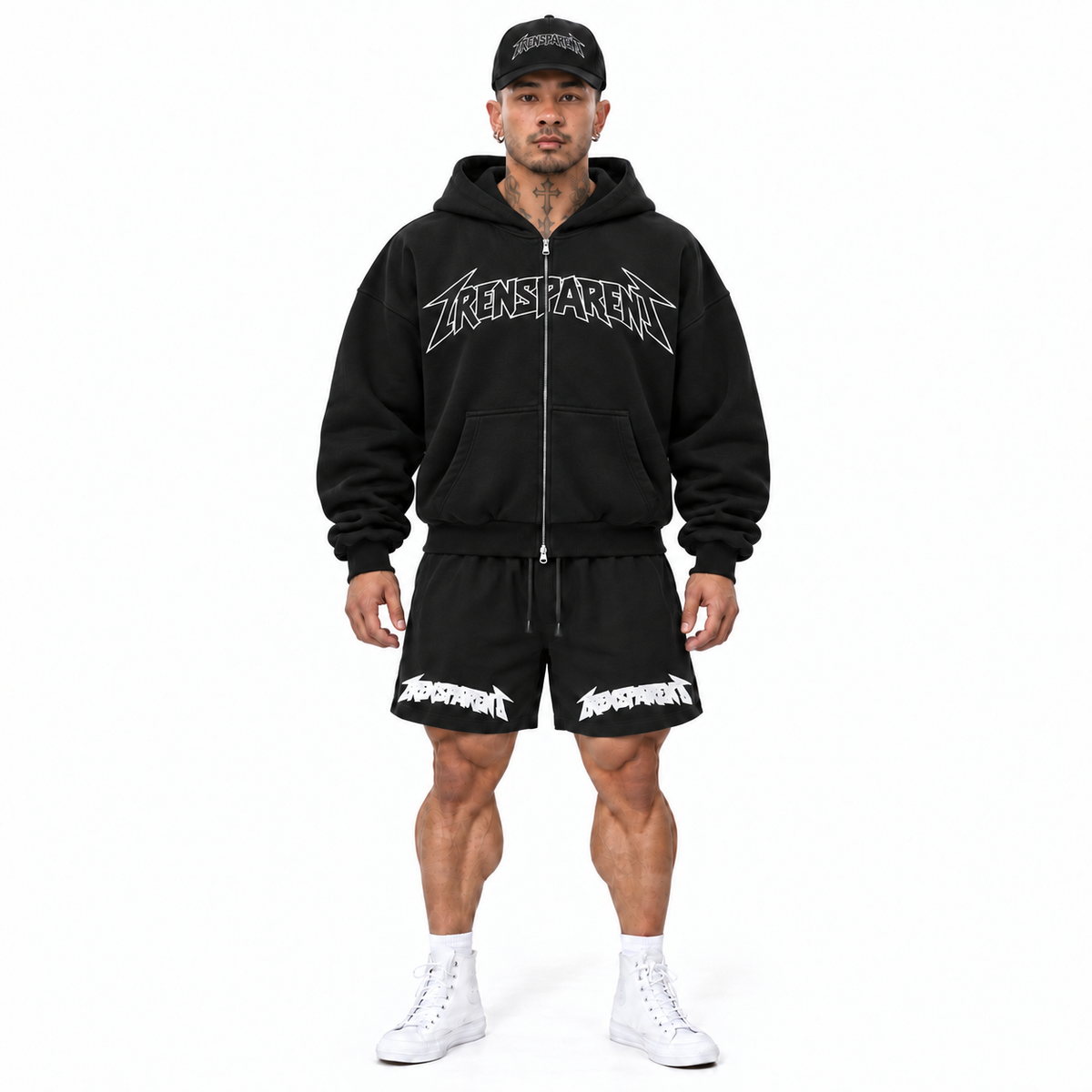 Trensparent shorts with Muscle Mommies zip hoodie front model view