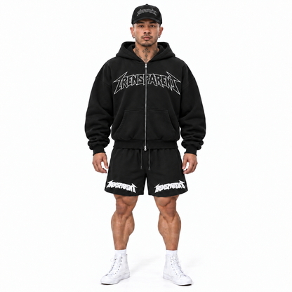 Trensparent shorts with Muscle Mommies zip hoodie front model view